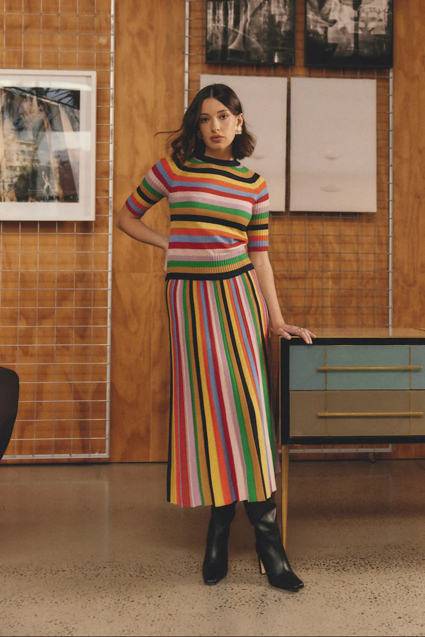 Woman wearing Avenue Top and Skirt Lurex in Rainbow