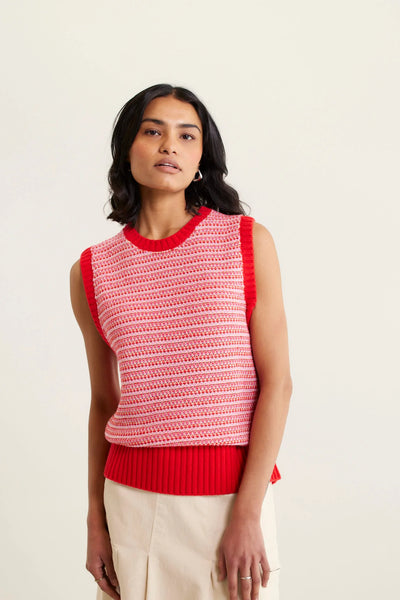 woman wearing Houston Merino Cashmere Vest - Red and beige skirt