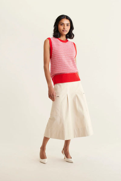 woman wearing Houston Merino Cashmere Vest - Red and beige skirt