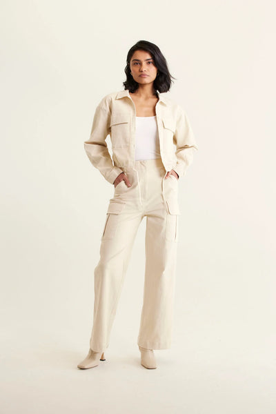 woman wearing white top, Whitney Cotton Drill Pant - Pebble and outer jacket in pebble