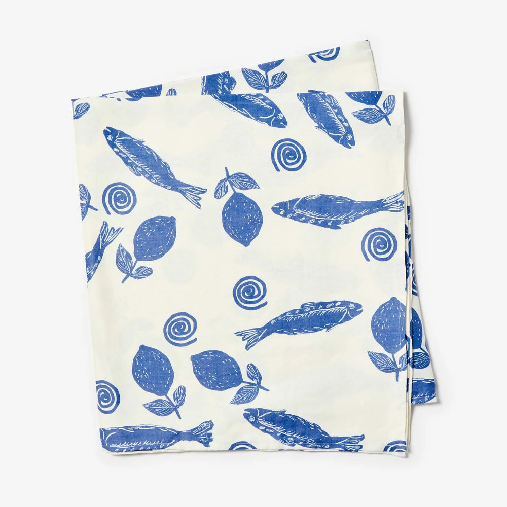 table with bonnie and beil linen table cloth with blue sardines design print