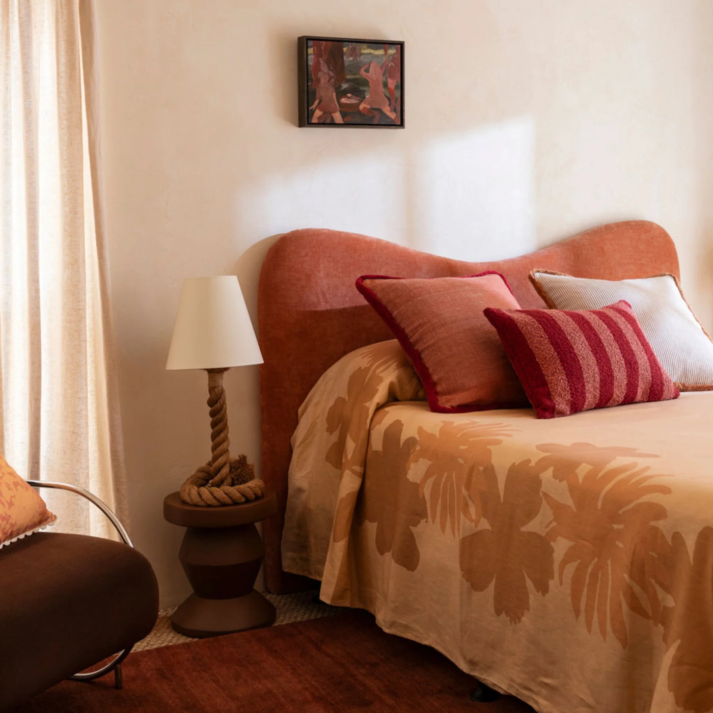 Bedroom with Orange, White and Boucle Stripe Burgundy 60x40cm Cushion placed on the bed