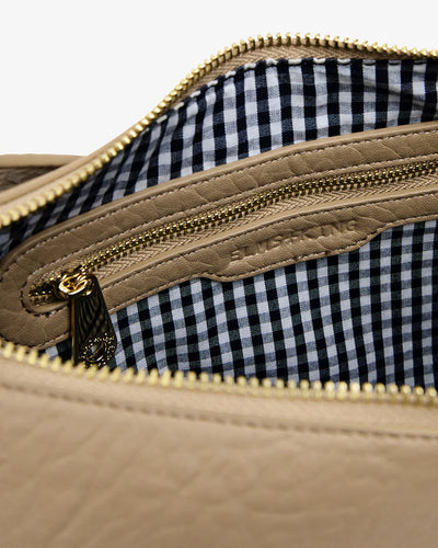 closer look of the checkered details inside the bag and zipper Barton Shoulder Bag - Latte