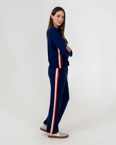 Woman wearing Blake Lounge Pants and Long sleeve Knit in Navy side view