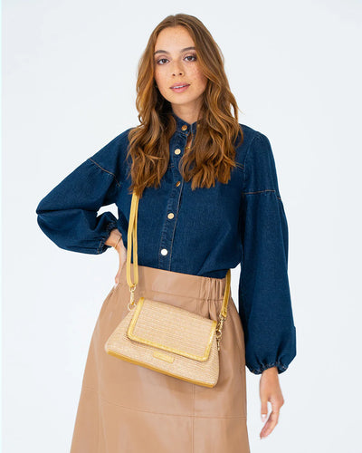 woman using Lugano Crossbody - Gold Weave