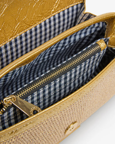 closer look of Lugano Crossbody - Gold Weave inside details