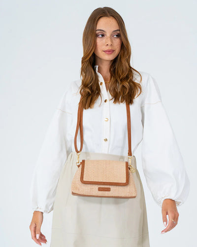 Woman with Lugano Crossbody - Tan Weave