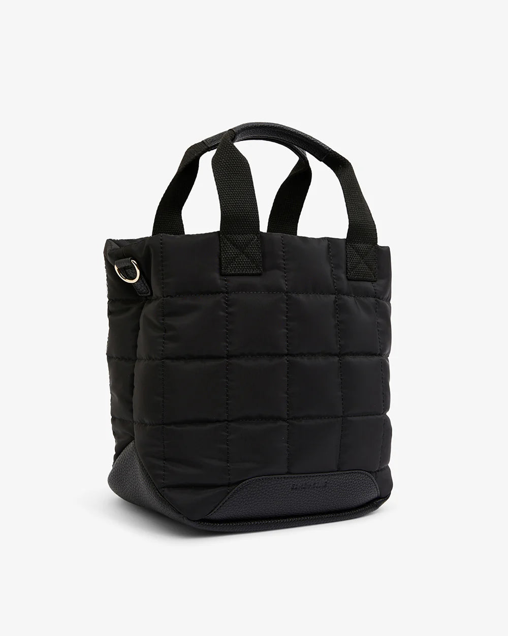 Mini Santa Monica Tote in black with tan and black strap front view