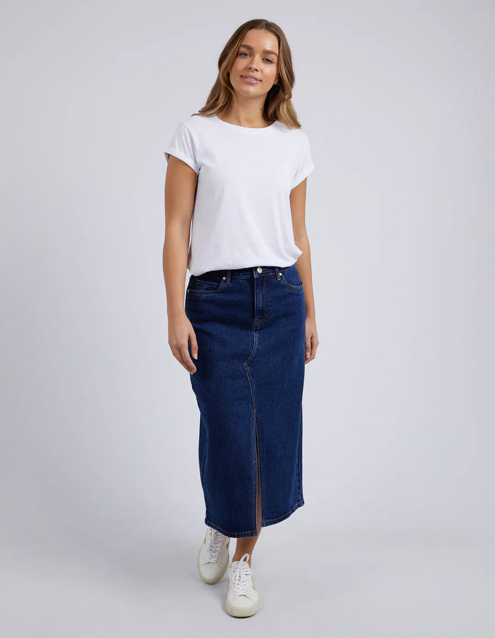 Woman wearing Scout Midi Skirt in Indigo