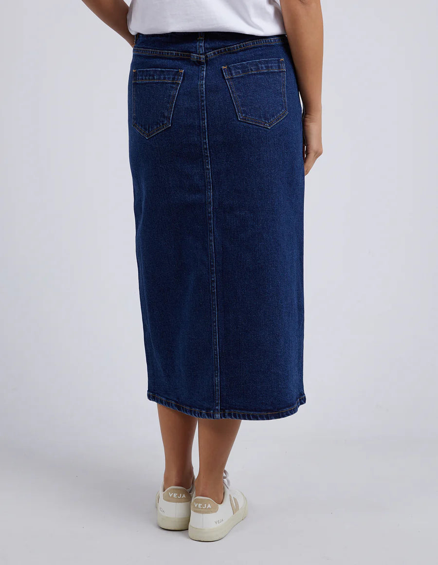 Back details of foxwood scout midi skirt in indigo