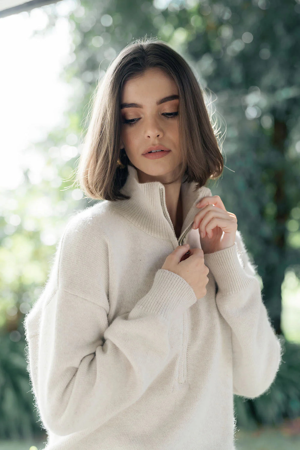 Woman wearing Knox Zip Sweater - Almond