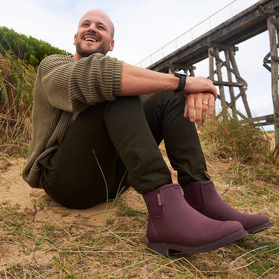 man wearing khaki long sleeve top and pants, and Bobbi Boot - Dark Cherry
