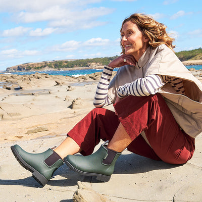 woman wearing long sleeve in stripes, rust coloured pants and Bobbi Boot - Forest Green