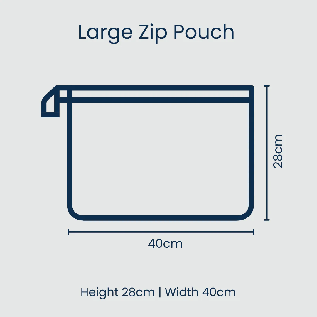 Diagram of a large zip pouch with dimensions on a light blue background