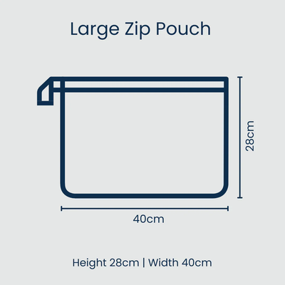 Diagram of a large zip pouch with dimensions on a light blue background
