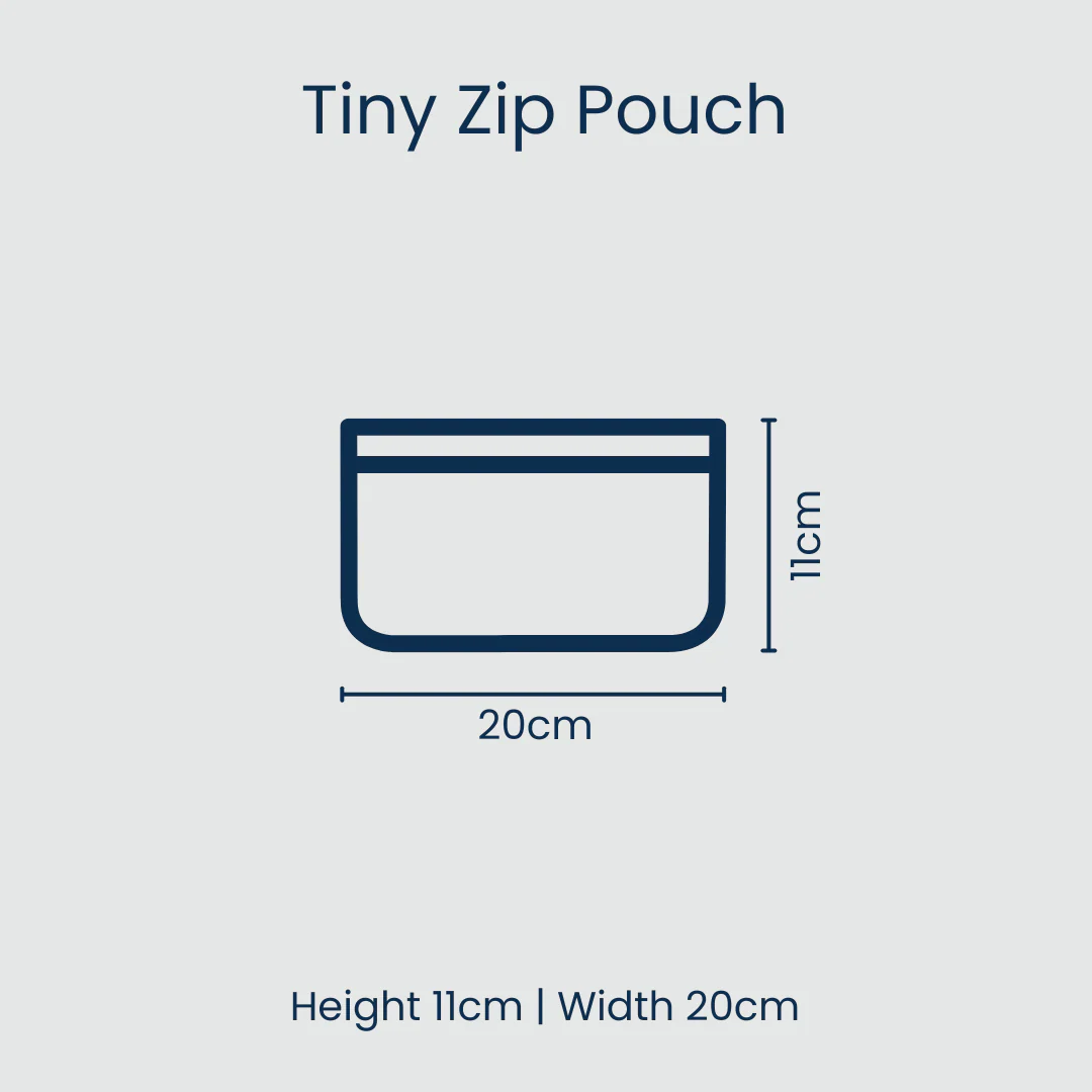 Measurement chart for a tiny zip pouch with dimensions on a light gray background