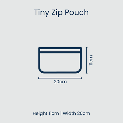 Measurement chart for a tiny zip pouch with dimensions on a light gray background