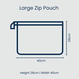 Diagram of a large zip pouch with dimensions on a light blue background