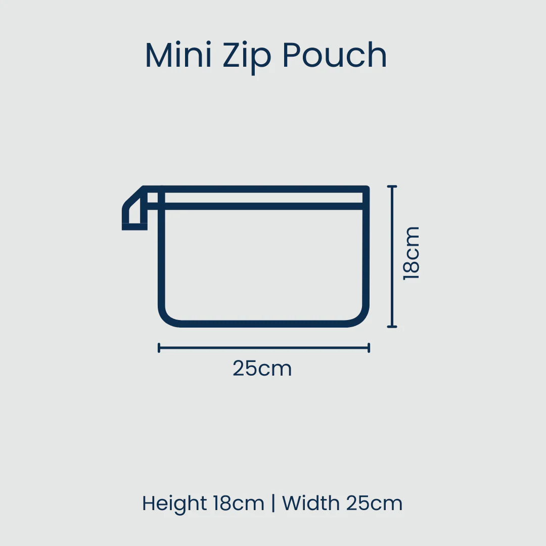 Diagram of a mini zip pouch with dimensions on a light gray background