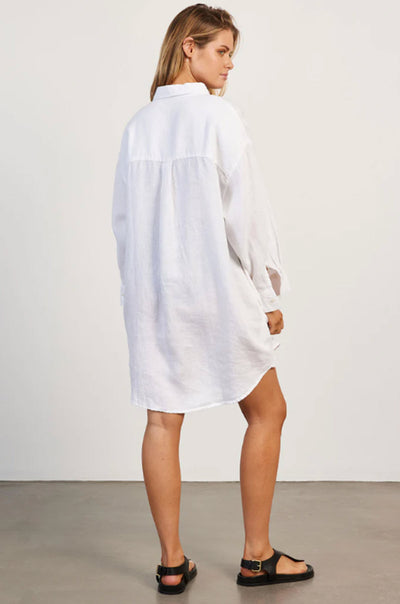 Woman wearing Hampton Linen Beach Dress - White back side