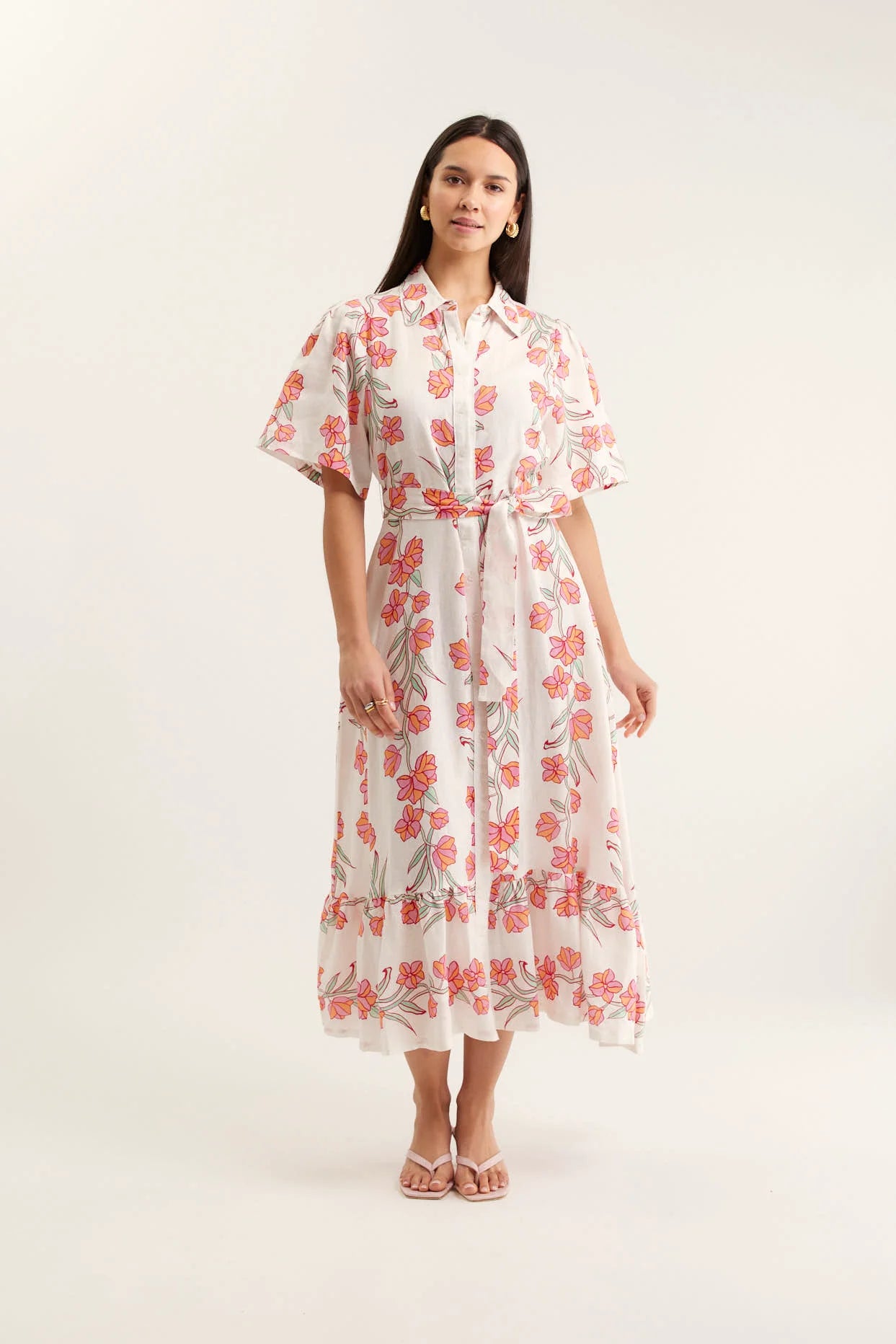 Emma Linen Vine Dress - Pink