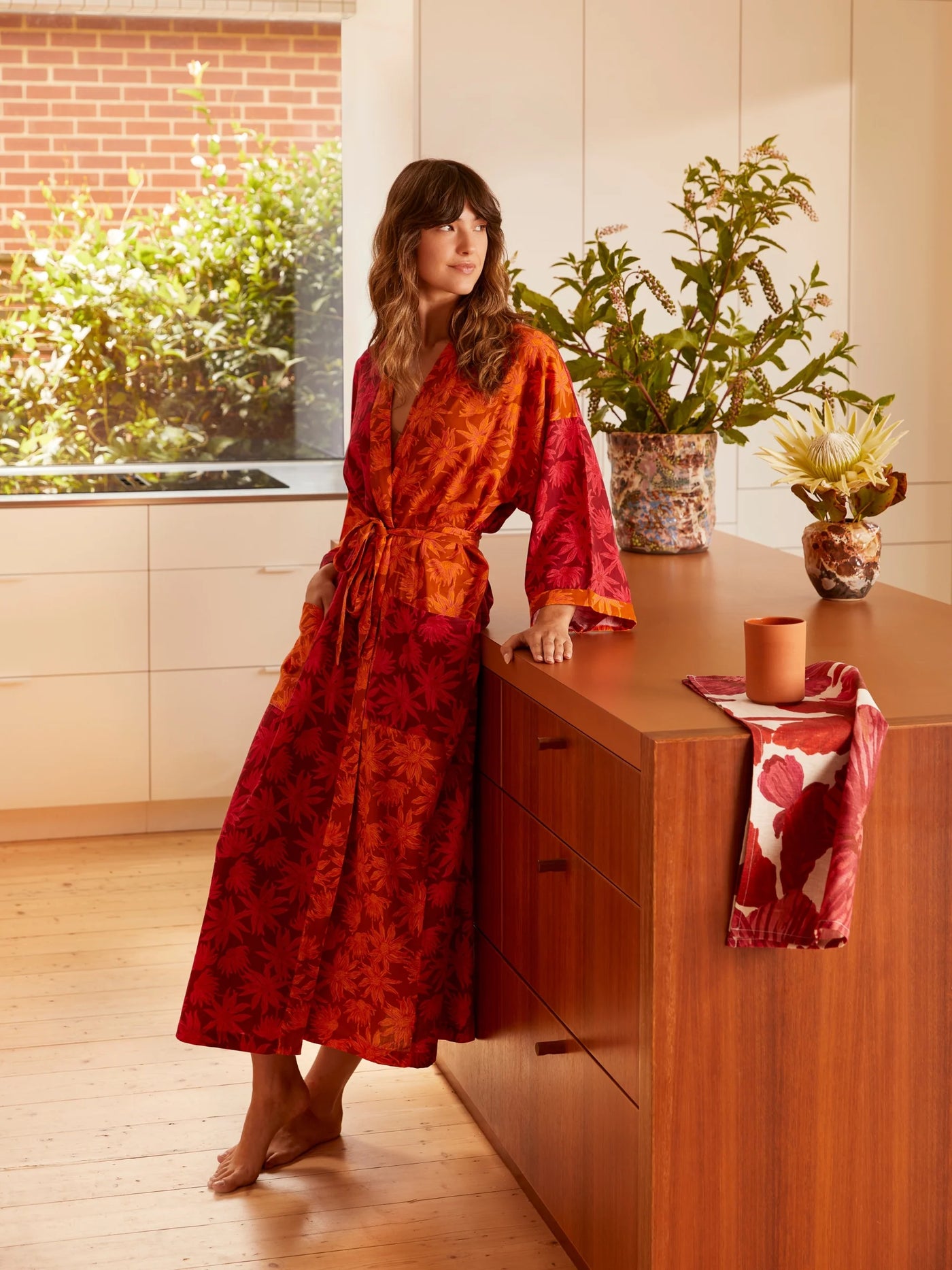Flannel Flower Cerise Tan Robe
