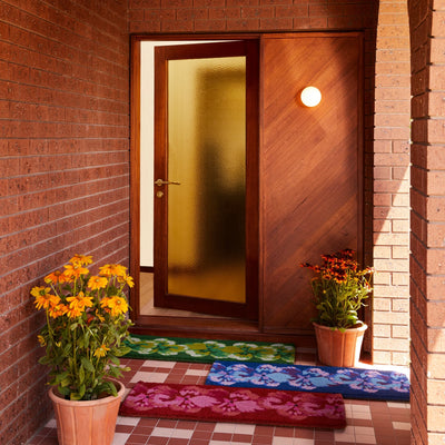 house entrance with different long door mat - green, blue, pink