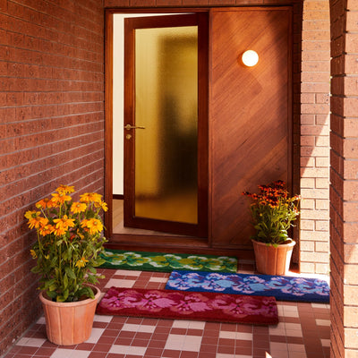 house entrance with different Pansy Long Door Mat - green, blue, pink