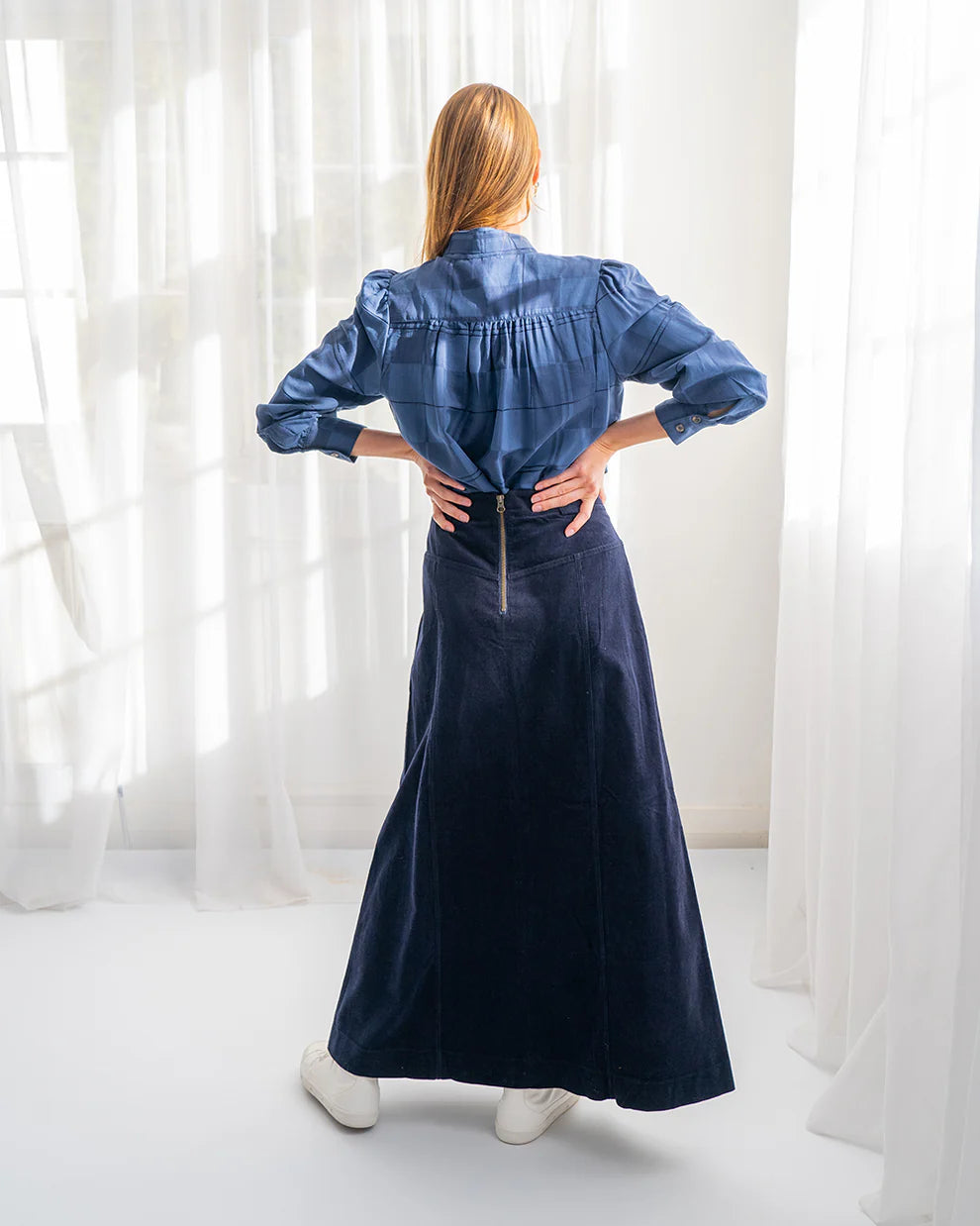Elms and King Hudson Corduroy Maxi Skirt Navy House Warming