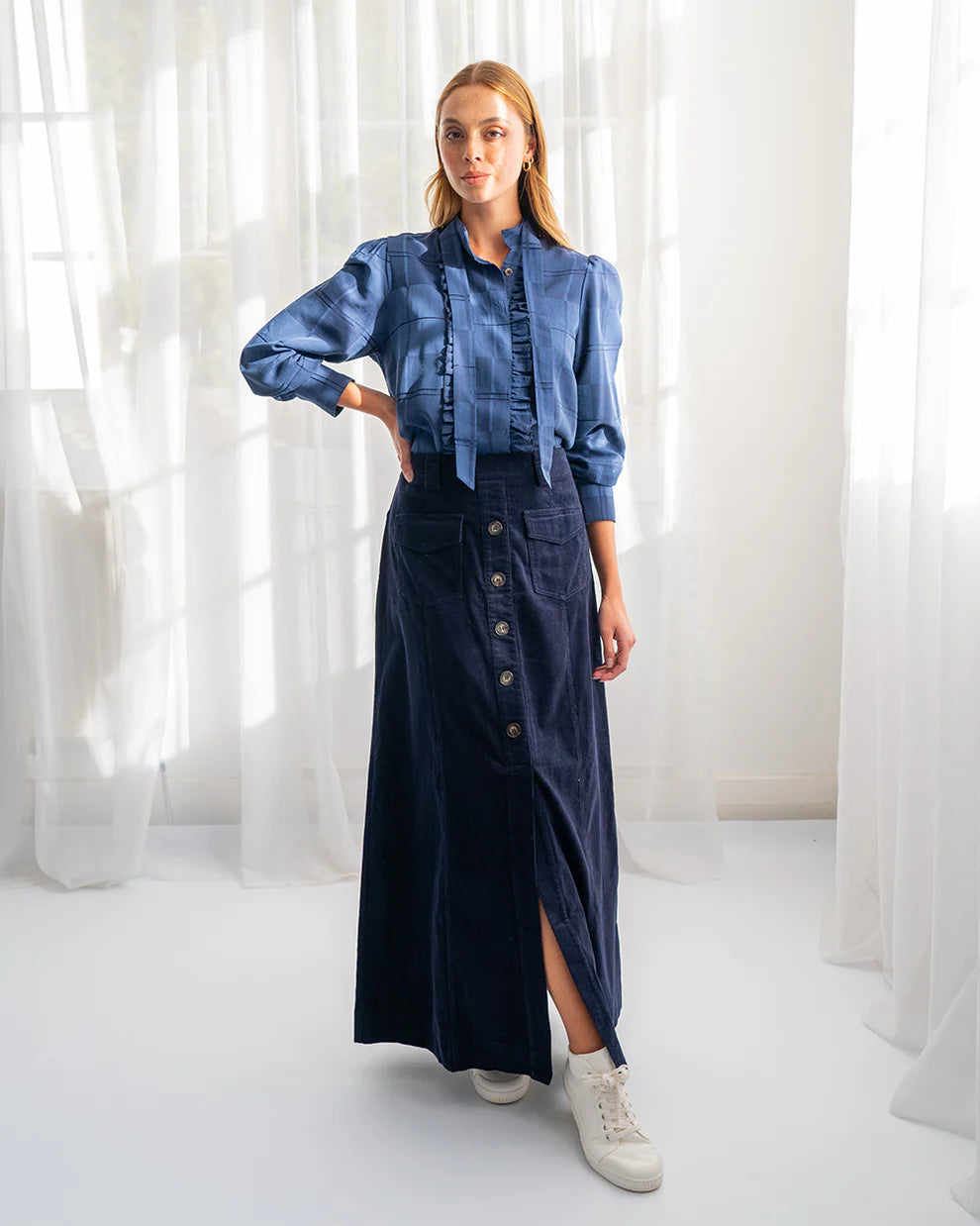 Elms and King Hudson Corduroy Maxi Skirt Navy House Warming