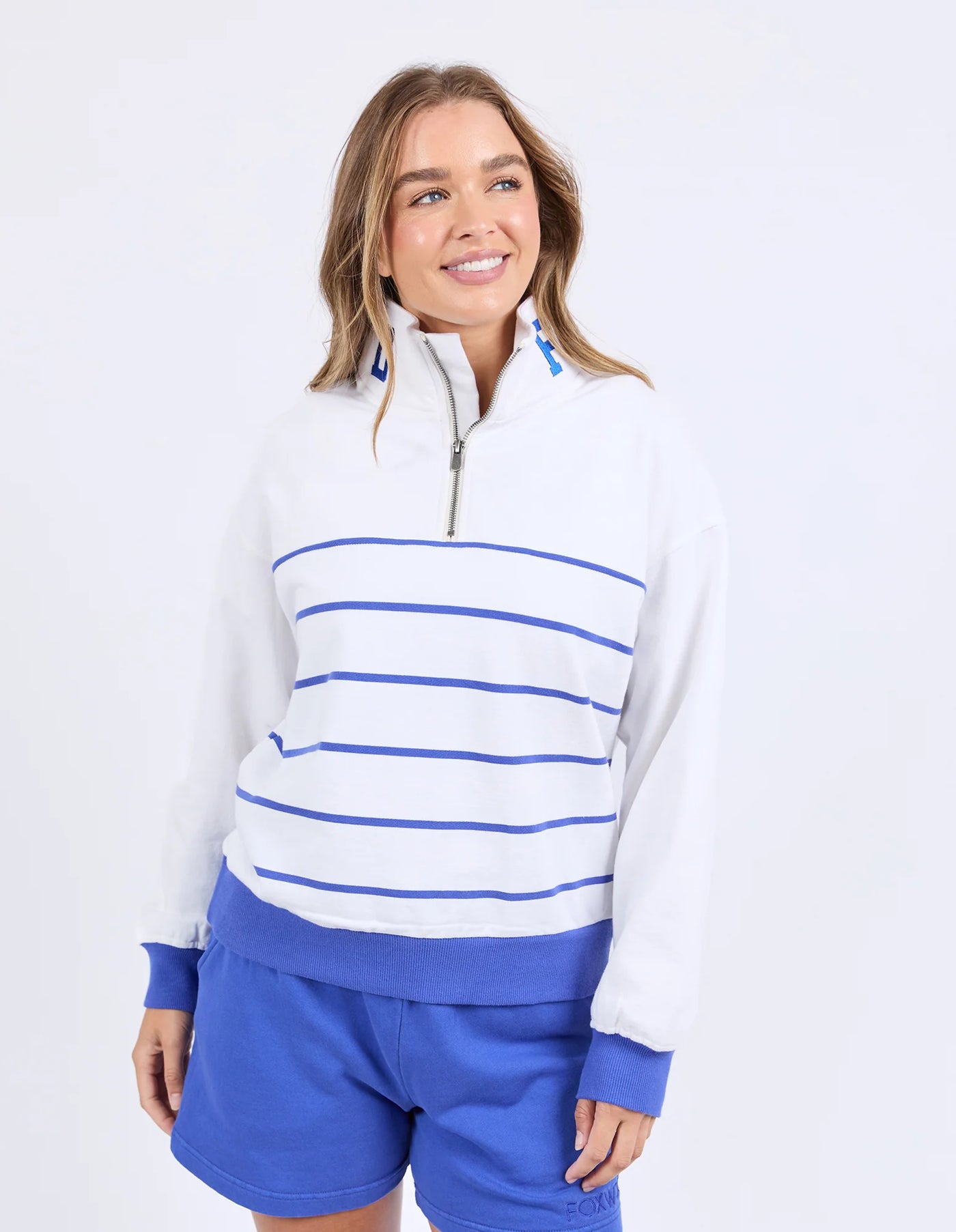 College Stripe Zip Crew - White & Blue