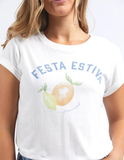 closer look of the foxwood italian summer tee vintage in white print design