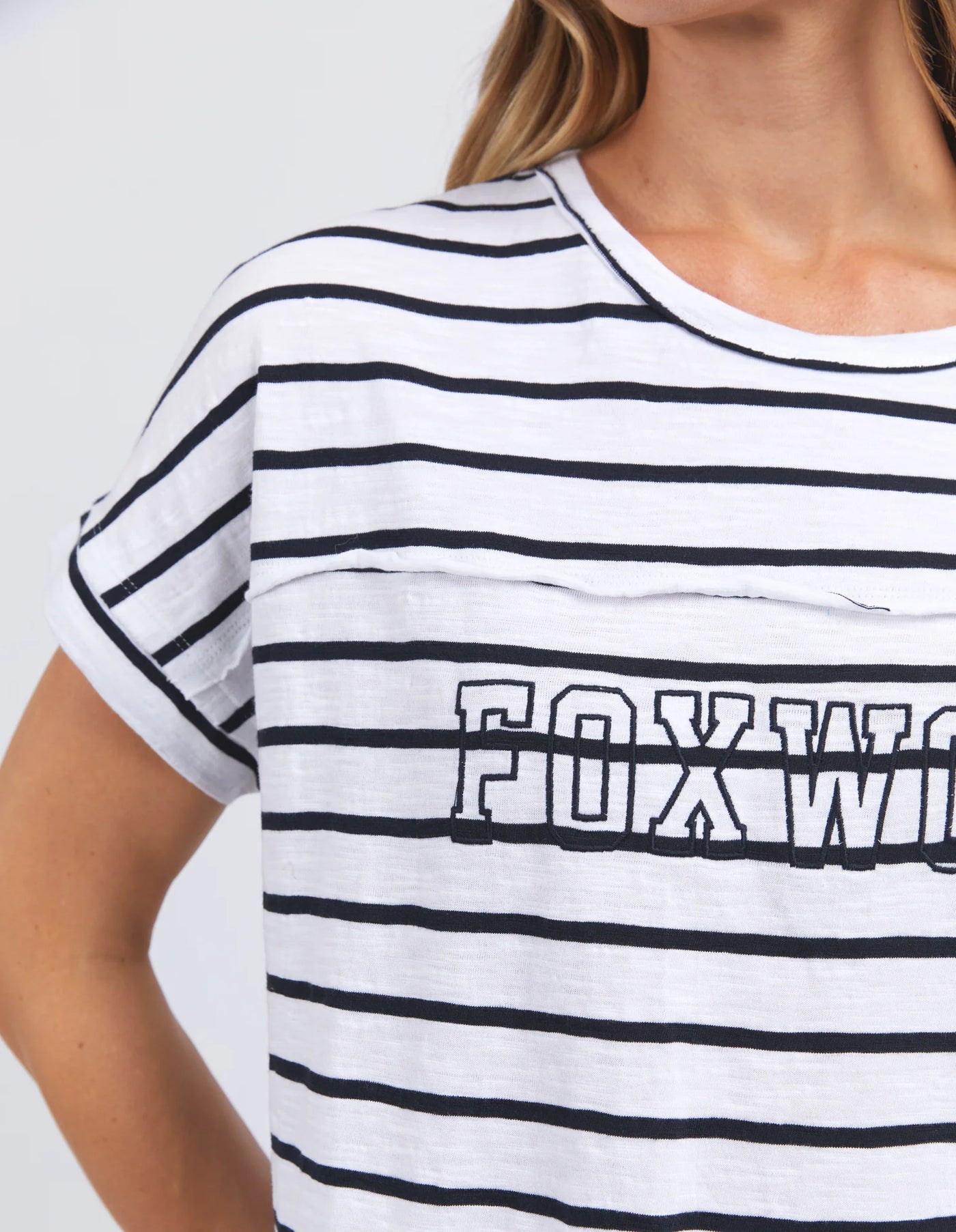 closer look to the foxwood throw on tee white navy stripe embroidery details