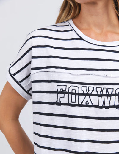 closer look to the foxwood throw on tee white navy stripe embroidery details