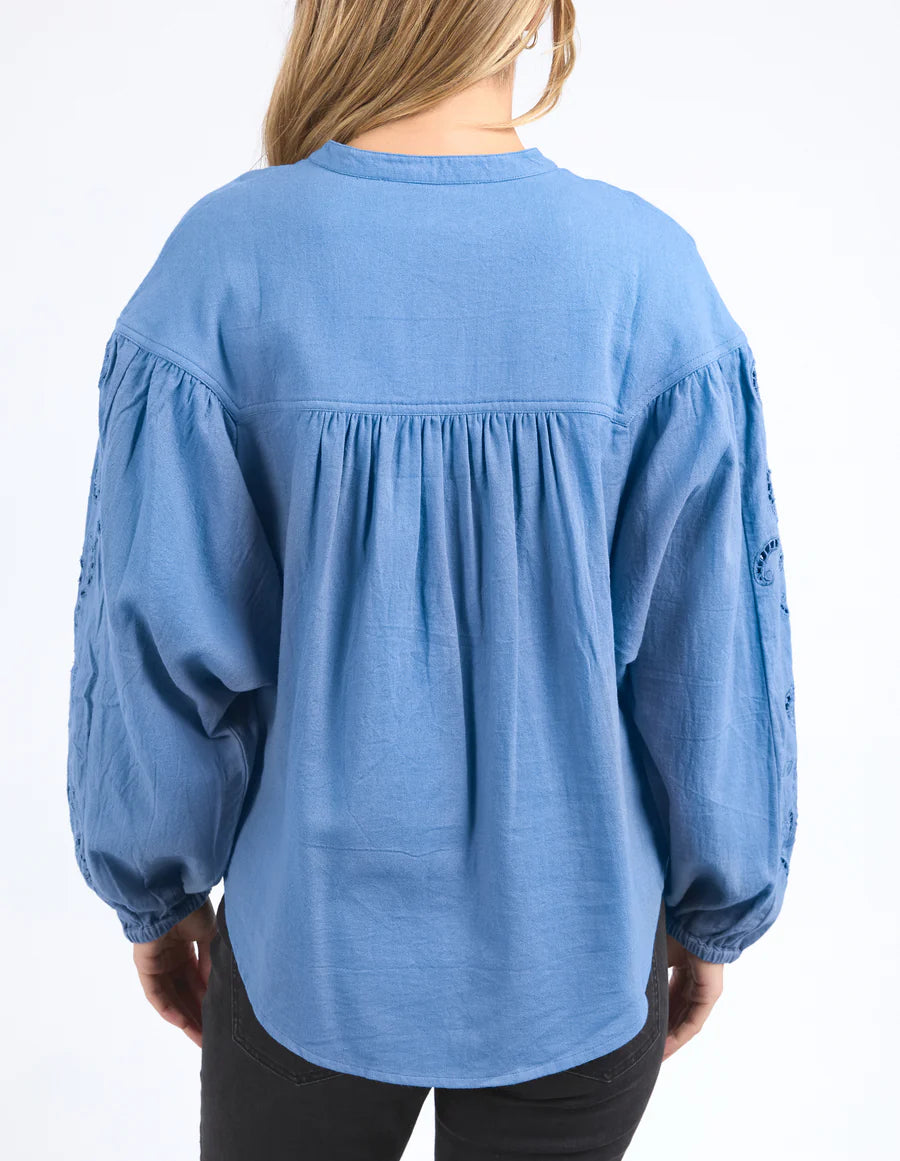 back of the long sleeve blue marlow blouse