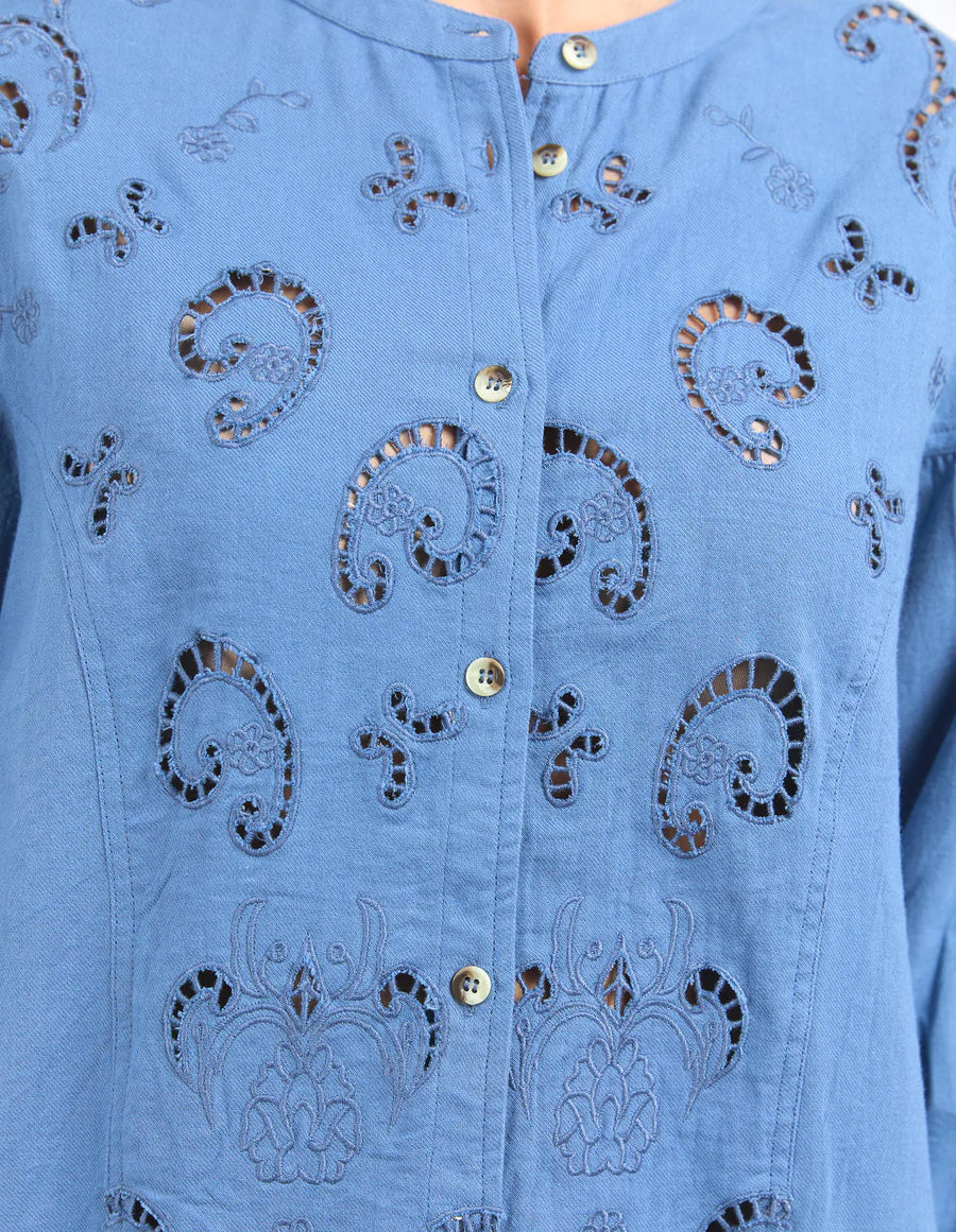 Closer look of the front details of the Marlow Blouse Coronet Blue