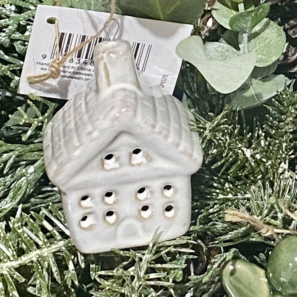 Hanging House - White: white ceramic house ornament with cut-out windows