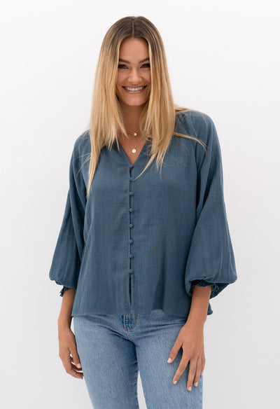 Chi Chi L/S Blouse-Steel Blue