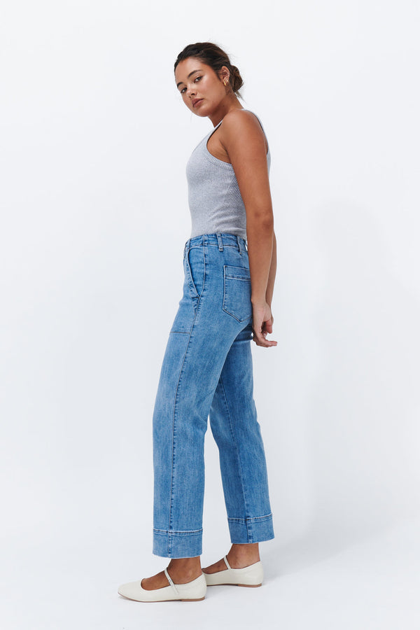 Side profile ecom shot of Celeste Pant 70s Blue showing patch pockets and wide straight leg