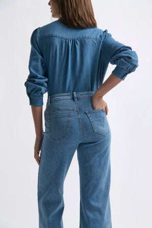 Close-up back view of Freya Jean Leather Pocket 70s Blue showing back pockets and mid-high rise fit