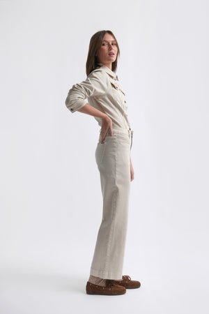 Side profile ecom shot of Freya Jean Sand showing wide straight leg and mid-high rise fit on white background
