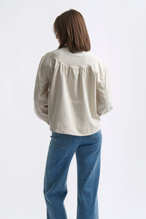 Back view ecom shot of Kelly Shirt Sand showing relaxed back yoke and puffed sleeves styled with wide-leg jeans on white background