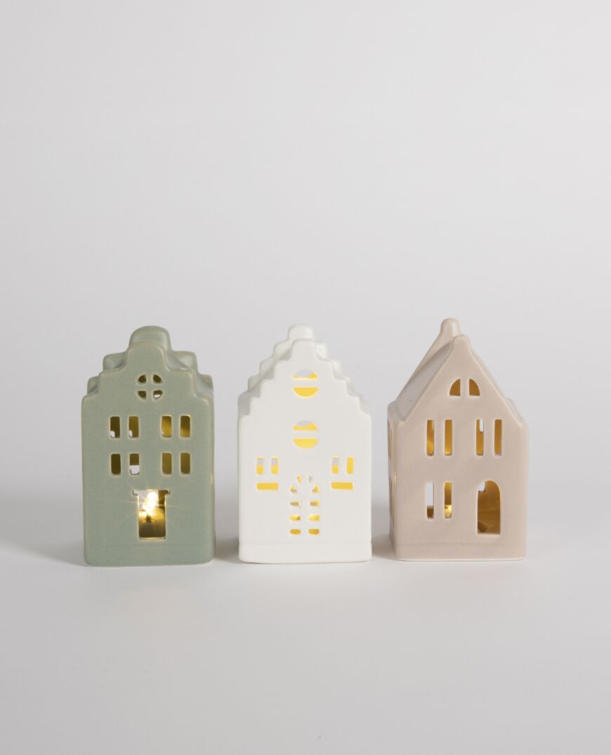 Poem LED Standing Porcelain Village Assorted Colours - Set of 3