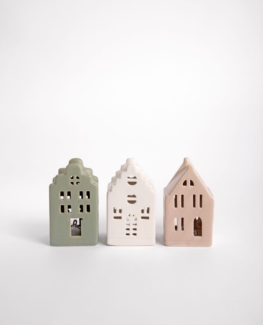 Poem LED Standing Porcelain Village Assorted Colours - Set of 3