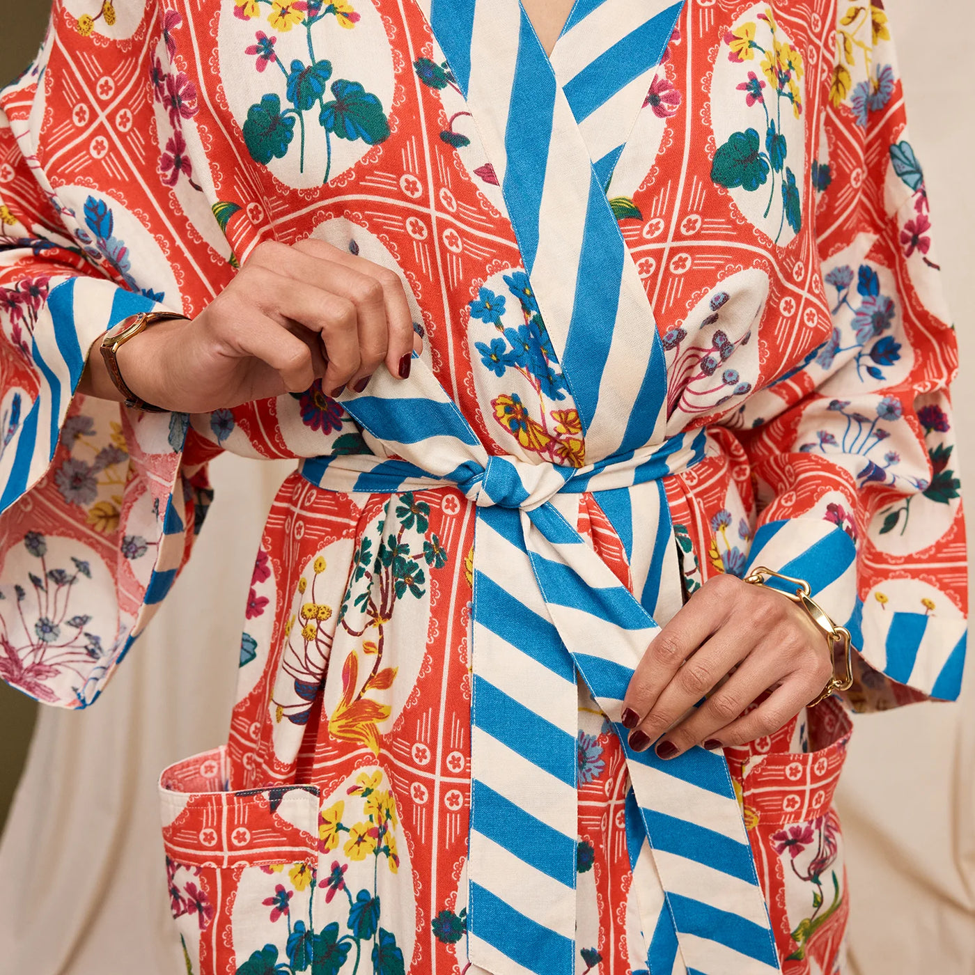 closer look woman wearing Gigi Cotton Bath Robe front and belt design