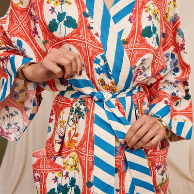 closer look woman wearing Gigi Cotton Bath Robe front and belt design
