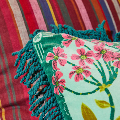closer look Gigi Velvet Cushion in Forest fringe design