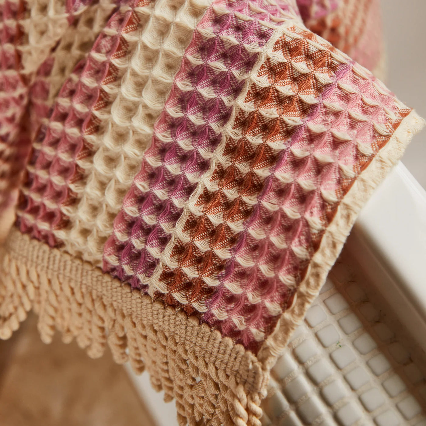 closer look of sage and clare kanti waffle towel details in posy colour