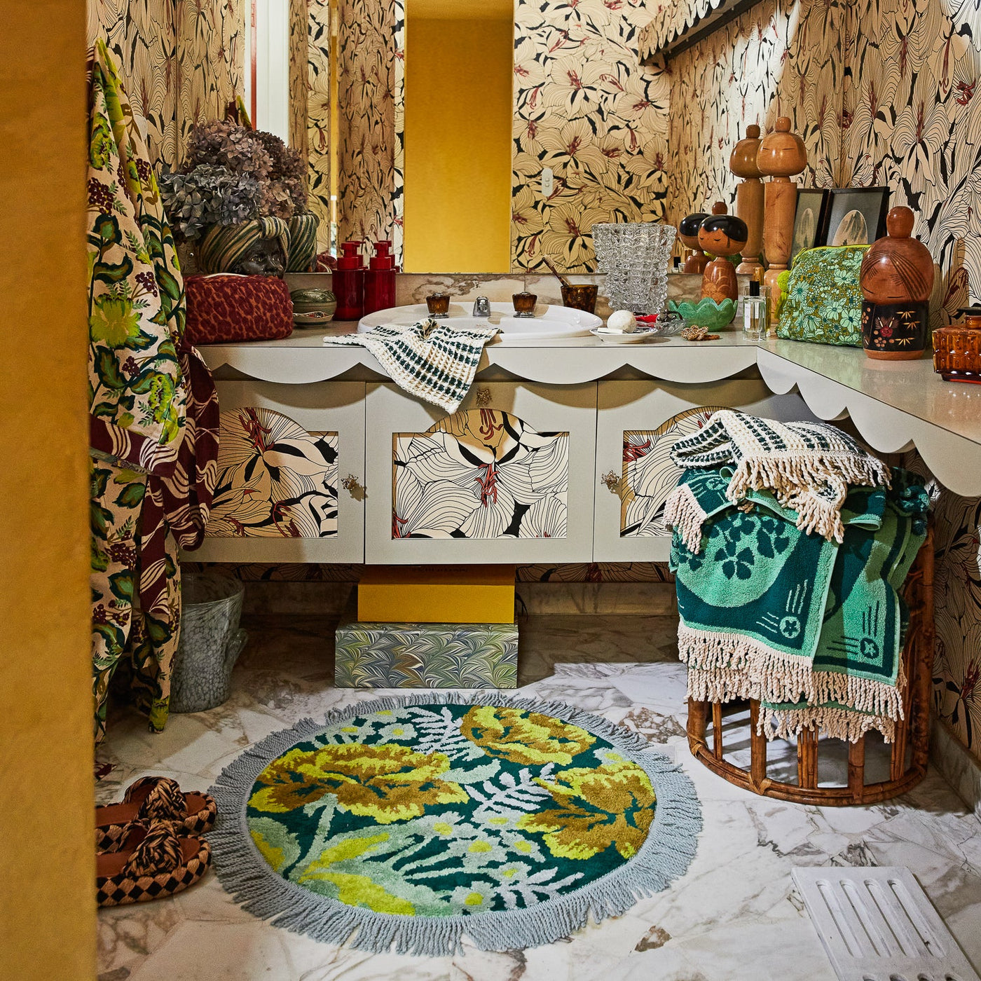 bathroom vanities with towels and Margot Round Bath Mat