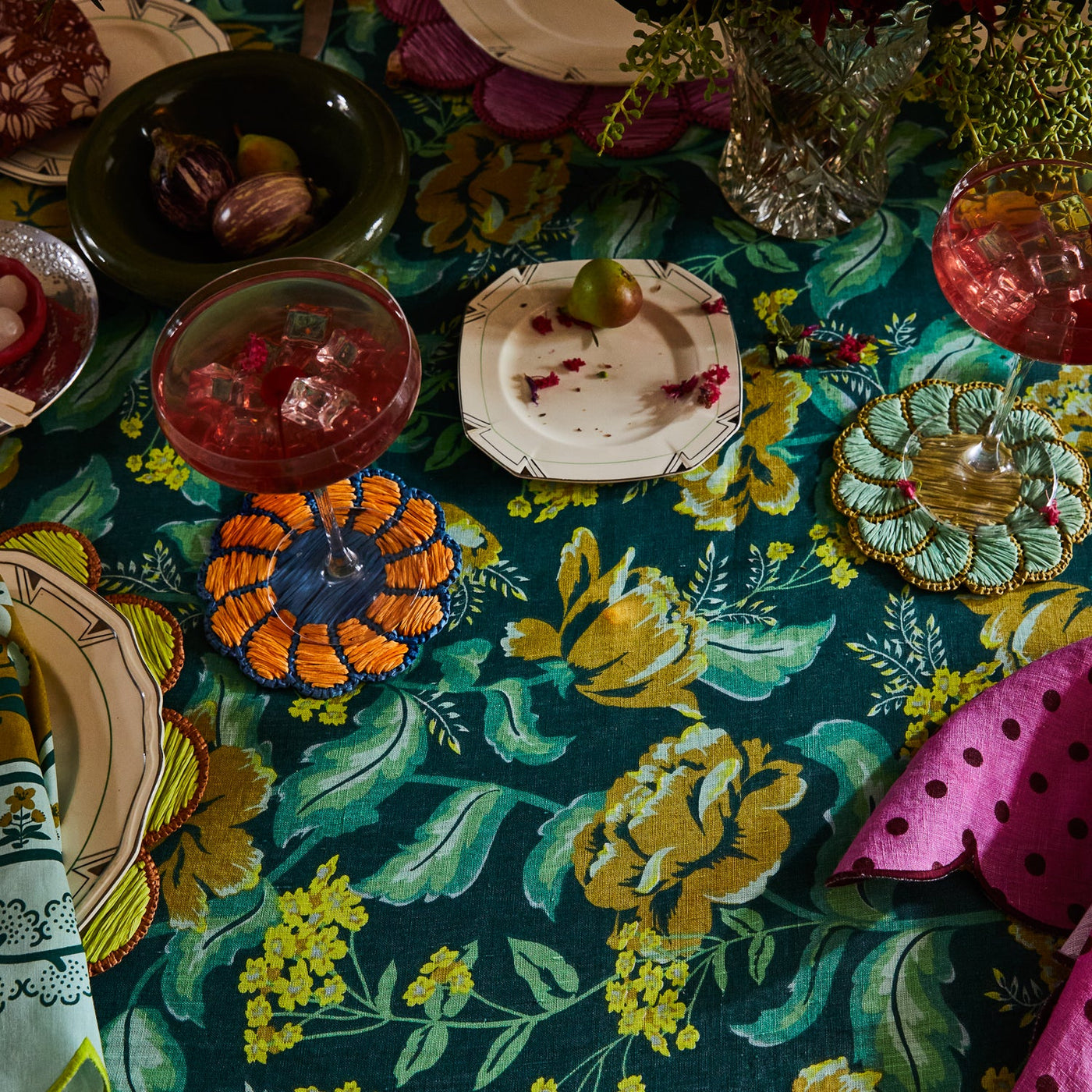 closer look of table margot table cloth in forest top view with glassware